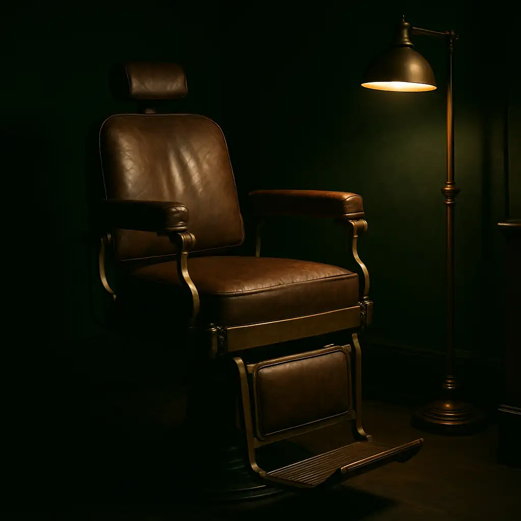 A vintage barber chair with worn leather and brass fittings under a single warm lamp in a dark green room
