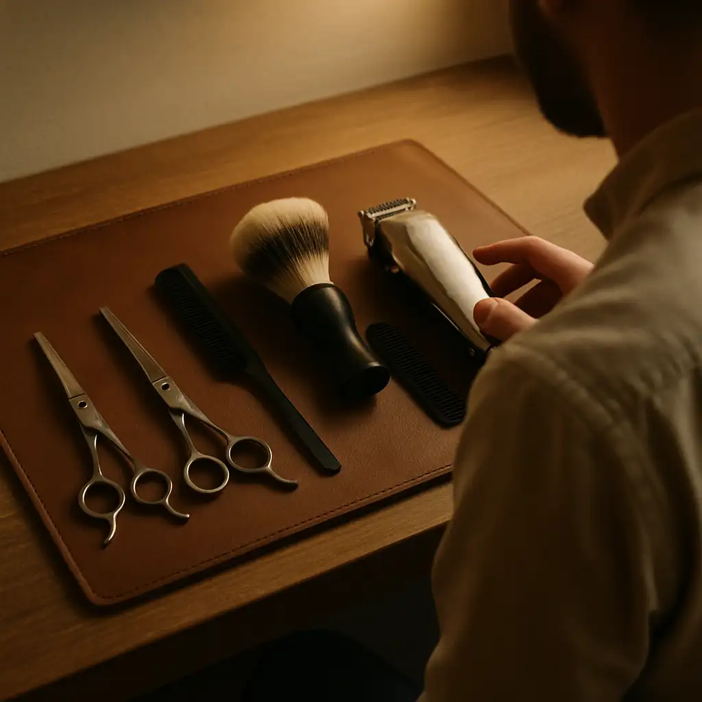 Barber tools laid out on a leather mat