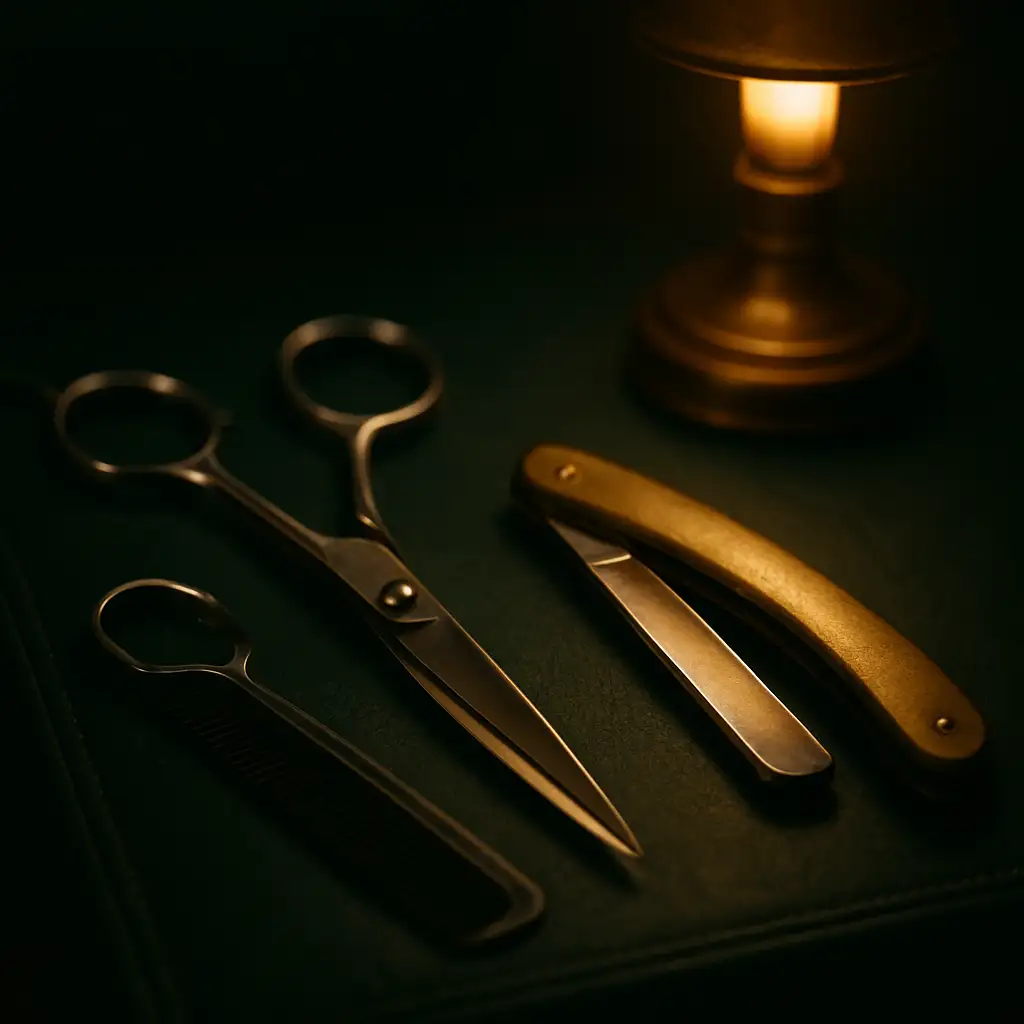 Barber scissors, a folding razor and a comb on dark green leather in brass lamplight