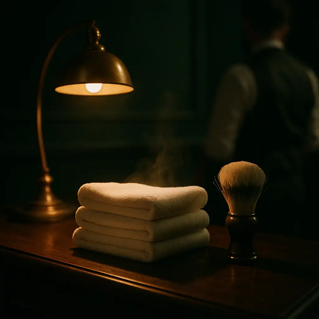 Folded hot towels and a shaving brush on a dark timber counter in warm lamplight
